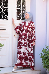 Ağaç Desenli Elbise Bordo
