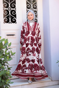 Ağaç Desenli Elbise Bordo