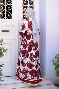 Ağaç Desenli Elbise Bordo