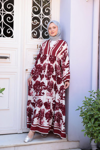 Ağaç Desenli Elbise Bordo