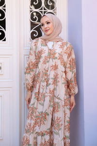 Ağaç Desenli Elbise Kahverengi