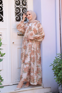 Ağaç Desenli Elbise Kahverengi