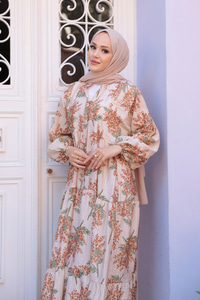 Ağaç Desenli Elbise Kahverengi