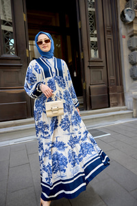 Ağaç Desenli Elbise Lacivert