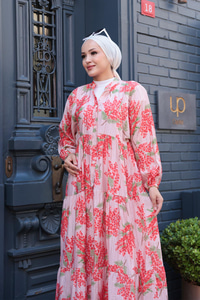 Ağaç Desenli Elbise Pudra