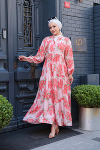 Ağaç Desenli Elbise Pudra