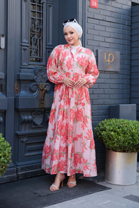 Ağaç Desenli Elbise Pudra