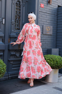 Ağaç Desenli Elbise Pudra