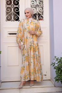 Ağaç Desenli Elbise Sarı