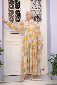 Ağaç Desenli Elbise Sarı