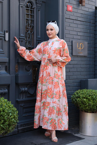 Ağaç Desenli Elbise Turuncu