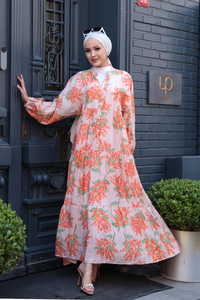 Ağaç Desenli Elbise Turuncu