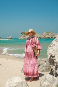 Ahşap Desenli Elbise Fuşya