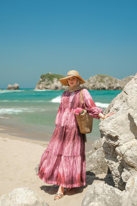 Ahşap Desenli Elbise Fuşya