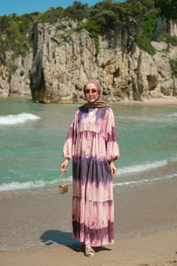 Ahşap Desenli Elbise Mor