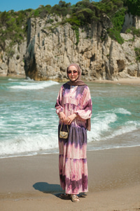 Ahşap Desenli Elbise Mor