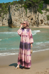 Ahşap Desenli Elbise Mor