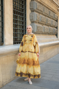 Ahşap Desenli Elbise Sarı