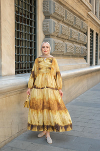 Ahşap Desenli Elbise Sarı