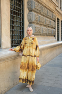 Ahşap Desenli Elbise Yağ Yeşil