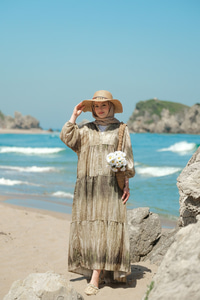 Ahşap Desenli Elbise Yeşil