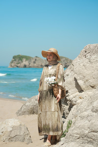 Ahşap Desenli Elbise Yeşil