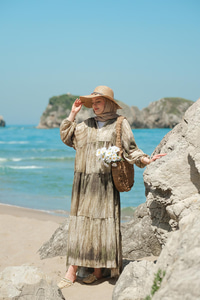 Ahşap Desenli Elbise Yeşil