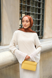 Ajur Desenli Elbise Krem