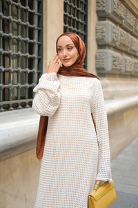 Ajur Desenli Elbise Krem