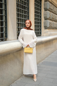 Ajur Desenli Elbise Krem