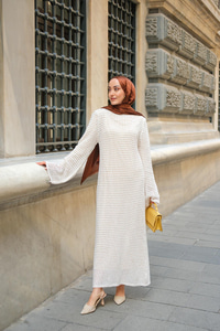 Ajur Desenli Elbise Krem