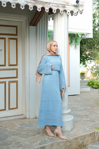 Ajur Kendinden Desenli Elbise Bebe Mavi