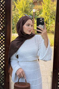 Ajur Kendinden Desenli Elbise Krem