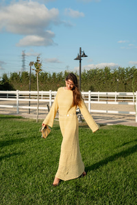 Ajur Kendinden Desenli Elbise Sarı