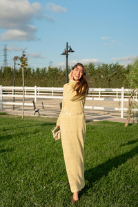 Ajur Kendinden Desenli Elbise Sarı