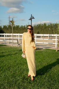 Ajur Kendinden Desenli Elbise Sarı