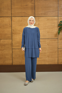 Alt Piliseli Bisiklet Yaka Takım İndigo Mavi