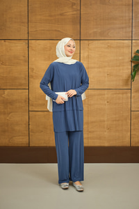 Alt Piliseli Bisiklet Yaka Takım İndigo Mavi