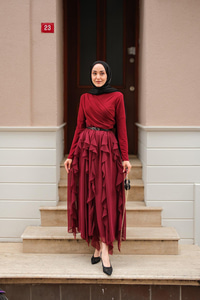 Anneliesse Şifon Fırfırlı Takım Bordo