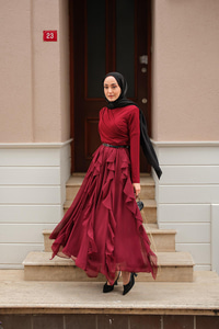 Anneliesse Şifon Fırfırlı Takım Bordo