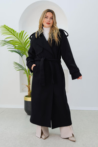 Apolet Detay Bel Bağlamalı Kaban Siyah