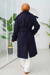 Apolet Detay Midi Boy Kaşe Kaban Lacivert