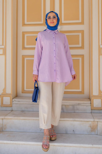 Arka Düğme Detay Kabartma Çizgili Gömlek Lila