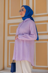 Arka Düğme Detay Kabartma Çizgili Gömlek Lila