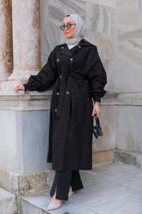 Arka Düğme Detay Trenckot Siyah