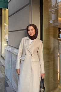 Arka Düğme Detaylı Kaşe Kaban Krem