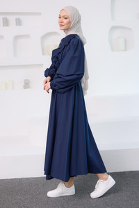 Asimetrik Büzgü Ve Fırfır Detaylı Elbise Lacivert