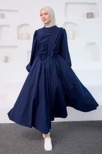 Asimetrik Büzgü Ve Fırfır Detaylı Elbise Lacivert