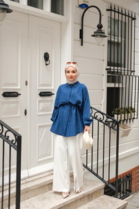 Asimetrik Çizgili Gömlek Lacivert