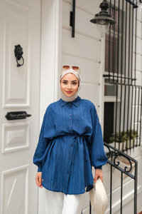 Asimetrik Çizgili Gömlek Lacivert